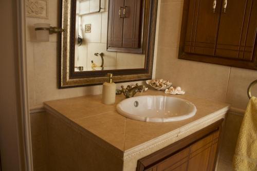a bathroom with a sink and a mirror at Skalopetra in Pylos