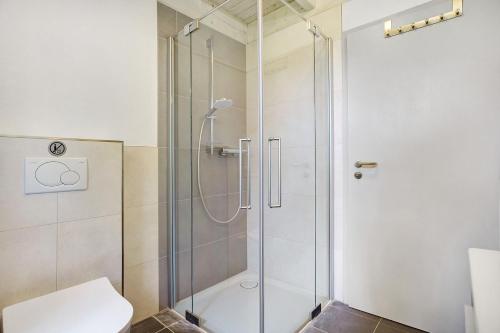 a shower with a glass door in a bathroom at Haus E 1 in Röbel
