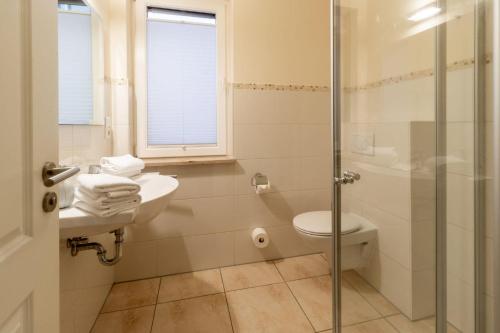 a bathroom with a shower and a toilet and a sink at Hafendomicil Appartement WH04 - Igel in Waren