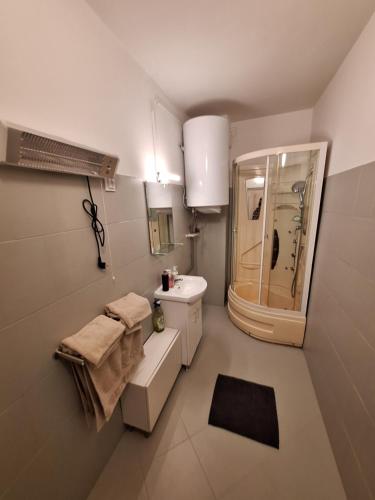 a bathroom with a sink and a shower at Levendula Porta in Balatonfůzfő