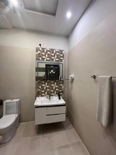 a bathroom with a sink and a toilet and a mirror at Palmtree Hotel in Lahore