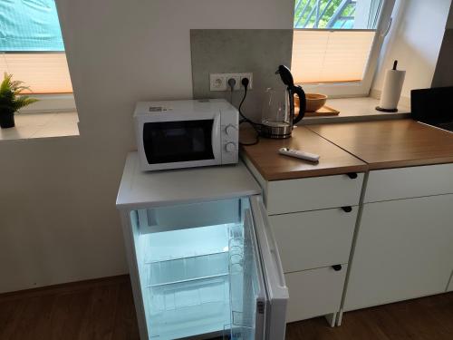a microwave sitting on top of a kitchen counter at Za hrází Poděbrady in Poděbrady
