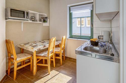 a small kitchen with a table and chairs and a sink at Am Müritzer Hafen App 1 in Waren