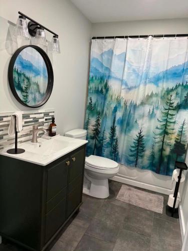 a bathroom with a toilet and a shower curtain at Down East Cabins Ltd in Tracadie
