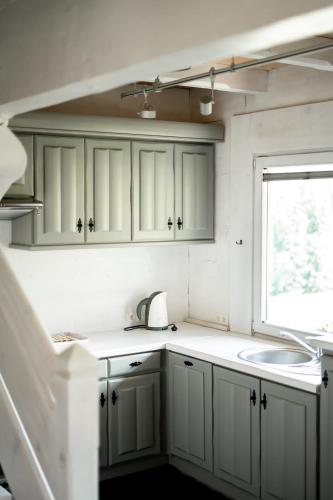 a kitchen with white cabinets and a sink and a window at Alpejska Szarotka in Nowe Bystre