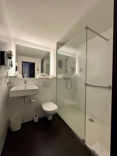 ein Badezimmer mit Dusche, Toilette und Waschbecken in der Unterkunft Hotel Sirius in Huy