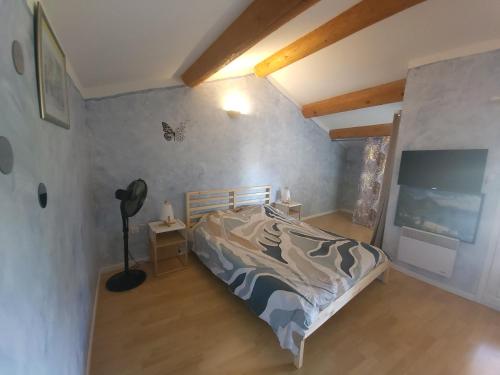 a bedroom with a bed and a television in it at Au 3 bis in Caderousse