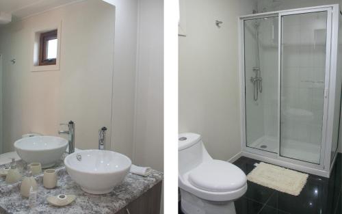 a bathroom with a toilet and a sink and a shower at Centro Turistico Lafquintue in Ranco