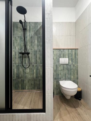 a bathroom with a shower and a toilet at Best Apartman Lelle 2 in Balatonlelle