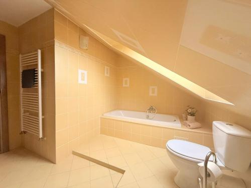 a bathroom with a toilet and a bath tub at Ubytování Carmen in Česká Skalice