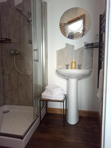 a bathroom with a sink and a shower and a mirror at La Grange des Lavandes in Mérinchal