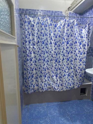 a blue and white shower curtain in a bathroom at Hôtel Dar Massmoudi in Tunis