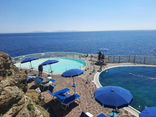 a pool with blue chairs and umbrellas next to the ocean at Grazioso monolocale Isola d'Elba in Capo D'Arco