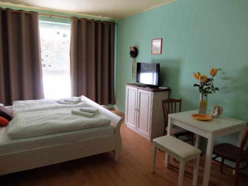 um quarto com uma cama, uma mesa e uma televisão em Ubytování U lázní Aurora em Třeboň