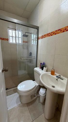 a bathroom with a toilet and a sink and a shower at Villa azuero in Los Santos
