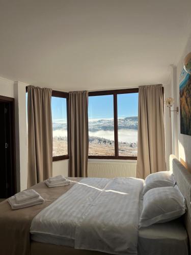 a bedroom with a bed and a large window at Domeniul H in Rişca