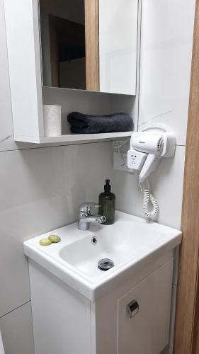 a bathroom sink with a hair dryer and a phone at Agel Inn Apartments Mavrovo in Mavrovo