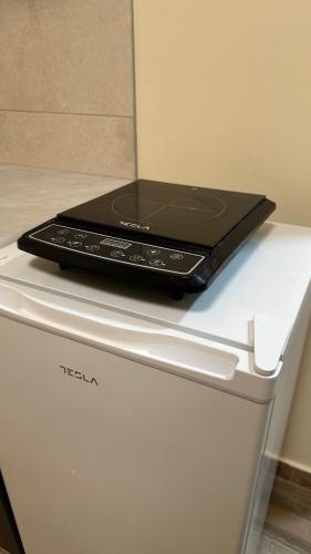 a laptop computer sitting on top of a refrigerator at Apartmani Kovačević MKM Banja Vrujci in Gunjica