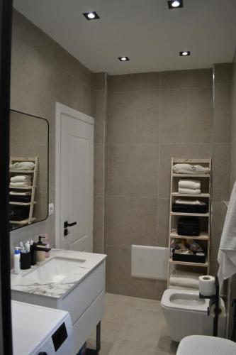 a bathroom with a sink and a toilet and a mirror at Vila 18 in Velipojë