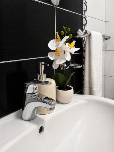a bathroom sink with a faucet with flowers on it at Apartman Centar Agrokop in Trebinje