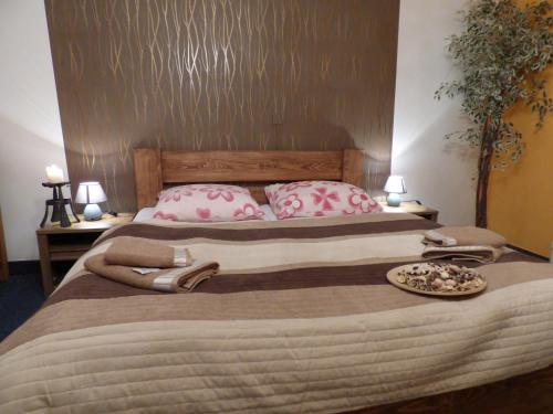 a bedroom with a large bed with pink pillows at Penzion - Restaurant U Zámku in Bečov nad Teplou