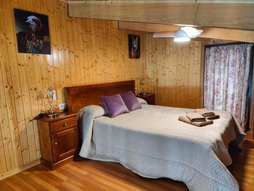 a bedroom with a bed and a wooden wall at Casa Alcántara in Vilamelle