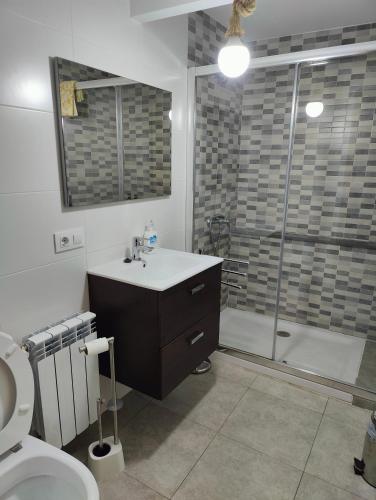 a bathroom with a sink and a shower and a toilet at Casa Alcántara in Vilamelle