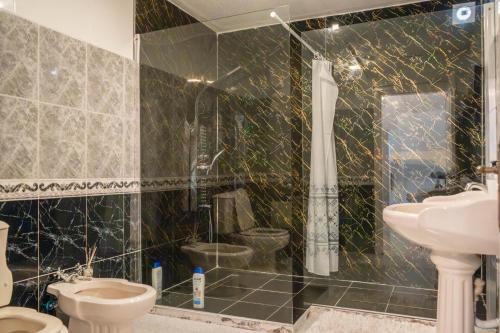 a bathroom with a shower and a toilet and a sink at Casa Borboleta in Arco da Calheta