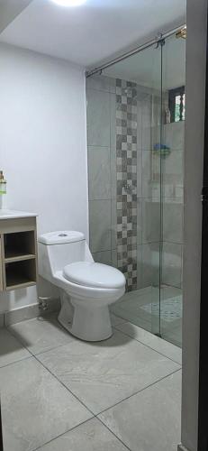 a bathroom with a toilet and a glass shower at Cabaña Las Lajas la pintada in La Pintada