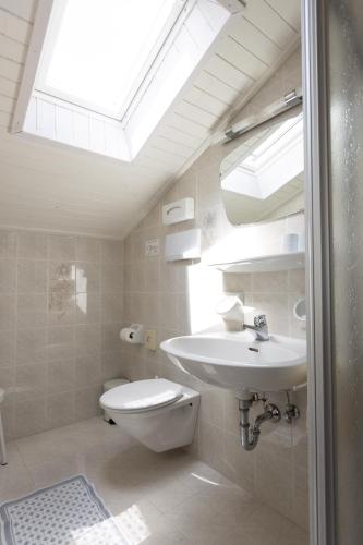 a bathroom with a sink and a toilet and a skylight at Garni Juval in Tirolo