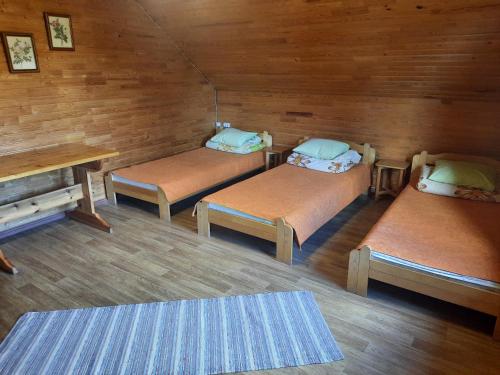 a room with three beds in a wooden room at Kļūda 2 in Biksinīki