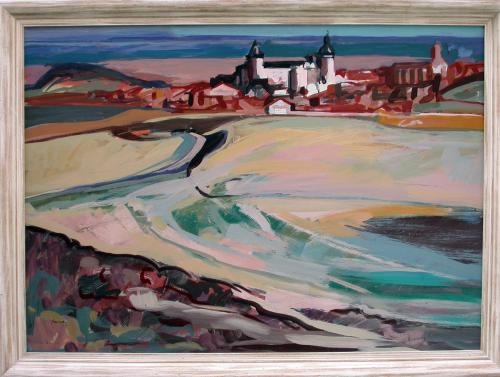 a painting of a beach with a city in the background at El Arcon in Simancas