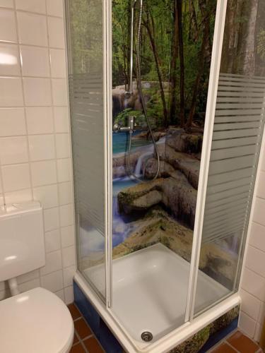 a shower in a bathroom with a view of a pool at Amselhof Kördorf in Kördorf