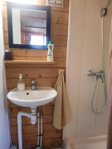 a bathroom with a sink and a tv on a wall at Chalet au centre de Nice in Nice