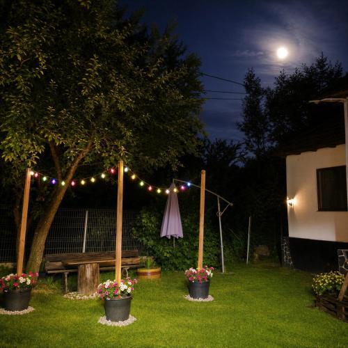 a garden at night with a tent and lights at Casa de vacanta La Tataie in Plaiu
