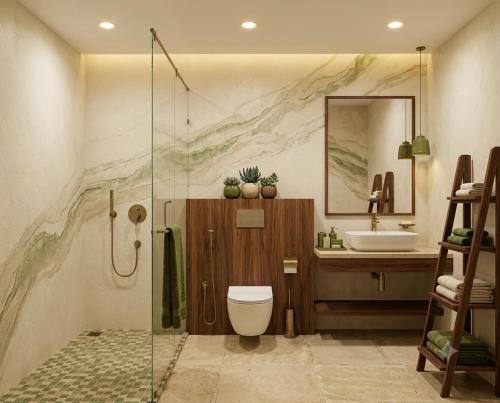 a bathroom with a shower and a toilet and a sink at Hotel Mashabrum Skardu in Skardu