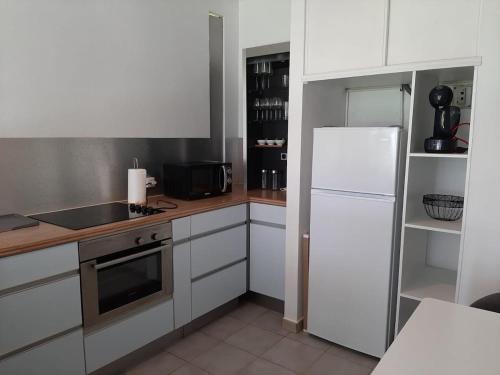 a kitchen with white cabinets and a white refrigerator at Appartement bord de mer in Montjoly