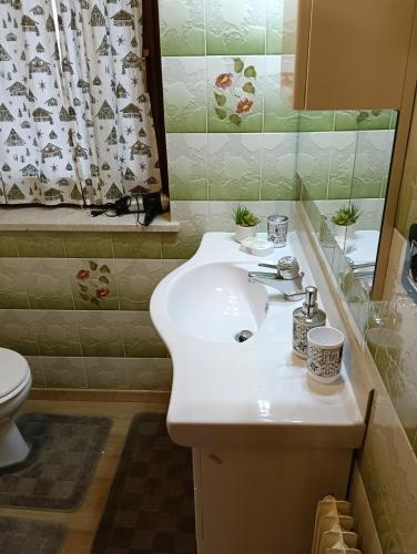a bathroom with a sink and a toilet and a mirror at Appartamenti Vincenzo E Marcella in Campitello di Fassa
