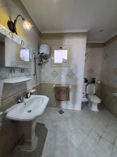 a bathroom with a sink and a toilet at Coastal Comforts at Casabianca in Dawwār Muḩammad Abū Shanab