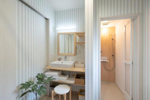 a bathroom with a sink and a mirror at Yukari B in Asahikawa
