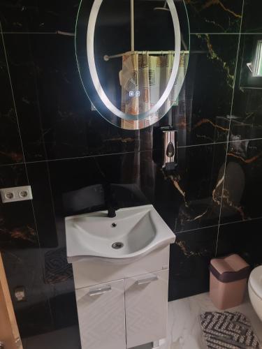a bathroom with a white sink and a mirror at Green Escape in Zavidovići