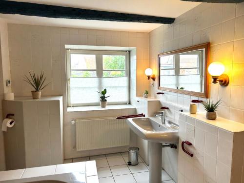 a bathroom with a sink and a window at Gästehaus Am Hafen 7 Glückstadt in Glückstadt