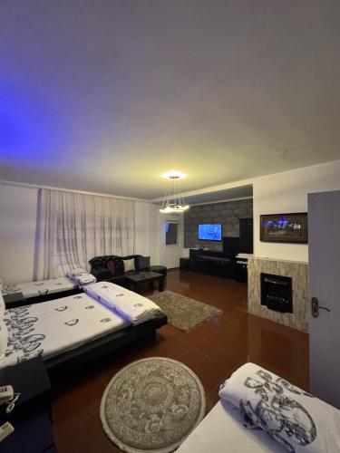 a living room with two beds and a fireplace at Hotel Iliria in Orllan