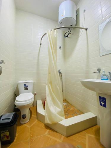 a bathroom with a shower and a toilet and a sink at Ikhtiyor guest house with mountainiring hiking horse riding serivices in Yukary-Ukhum
