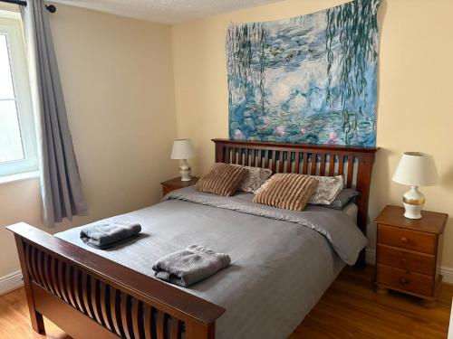 a bedroom with a bed with two pillows on it at Avondale Apartment Lahinch in Lahinch