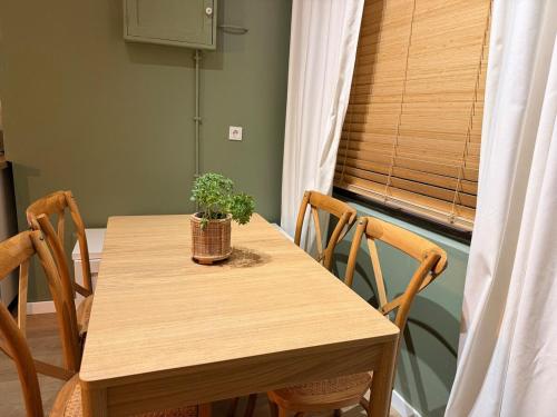 a wooden table with a potted plant on it at Studio Praia & Sol De Verão in Vila do Conde