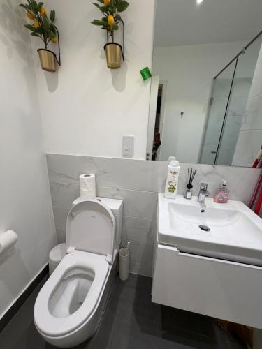 a white bathroom with a toilet and a sink at Spacious Studio Apt Airport Residential in Accra