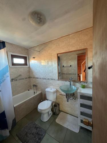 a bathroom with a toilet and a tub and a sink at Casa Quento in Castro