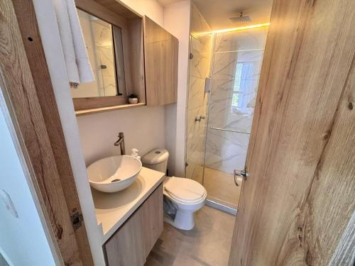 a bathroom with a toilet and a sink and a shower at Posada del Quindío 0219 in Armenia