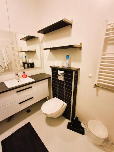 a bathroom with a toilet and a sink at KEF QuickStay Apartments in Keflavík